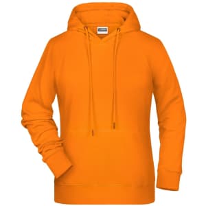 An orange ladies hoodie with a front pocket and a drawstring hood, featuring a logo.