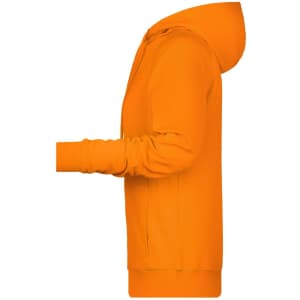 An orange ladies hoodie with a full-zip front and a hood, featuring long sleeves and a side view.