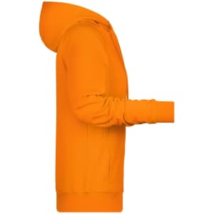 An orange ladies hoodie featuring a hood and long sleeves, displayed from a side angle.