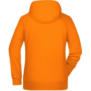 An orange ladies hoodie with a hood and long sleeves, featuring a plain back design.