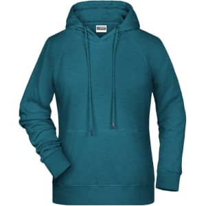A teal ladies hoodie with a front pocket and adjustable drawstring hood. Includes branding.