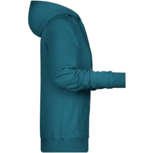 A teal ladies hoodie with a hood and long sleeves, featuring a logo on the front.