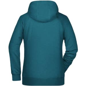 A teal ladies hoodie with a hood and long sleeves, featuring a sleek design and a small logo on the back.