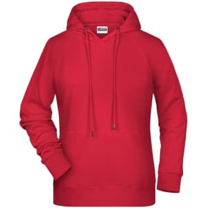 A red ladies hoodie with a drawstring and kangaroo pocket, featuring a logo on the front.