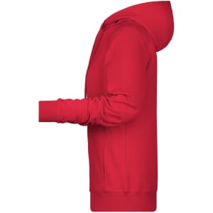 A red ladies hoodie featuring a kangaroo pocket and a hood, with a logo on it.