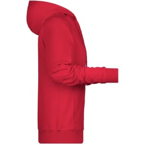 A red ladies hoodie displayed from the side, featuring a hood and long sleeves. The item has a simple design and a logo.