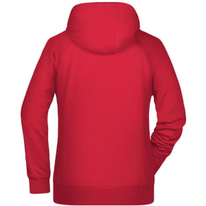 A red ladies hoodie with a hood and long sleeves, featuring a simple design on the back.