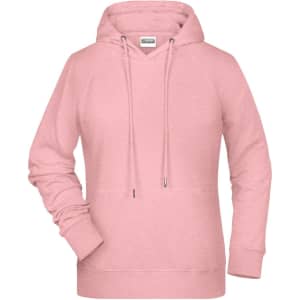 A pink ladies hoodie with a front pouch pocket, drawstring hood, and ribbed cuffs. It features a logo on the label.