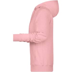 A pink ladies hoodie with a front pocket and a hood. Features long sleeves and a smooth texture.