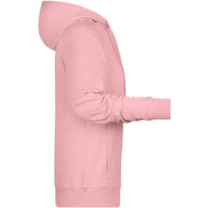A pink ladies hoodie showcasing a side view, featuring a hood and long sleeves. The image includes a logo.