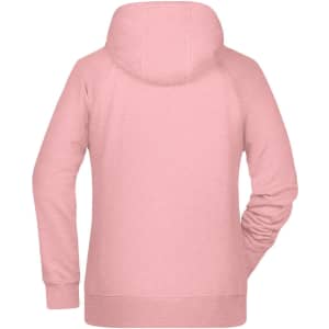 A pink ladies hoodie with a kangaroo pocket and a hood, featuring a logo on the back.