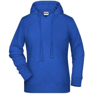 A blue ladies hoodie with a front pouch pocket and drawstring hood, featuring a logo on the label.