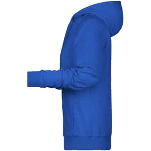 A blue ladies hoodie with a side view, featuring a hood and long sleeves. It has a logo on it.