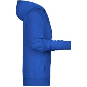 A blue ladies hoodie with a hood and long sleeves, featuring a logo.