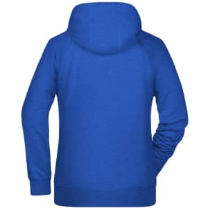 A blue ladies hoodie with a spacious hood and long sleeves, featuring a logo on the back.