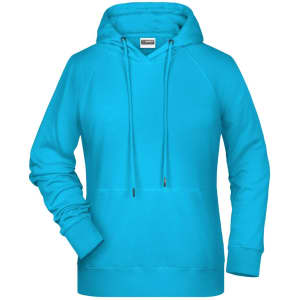 A turquoise ladies hoodie featuring a front pocket and a drawstring hood. It has a logo on the label.