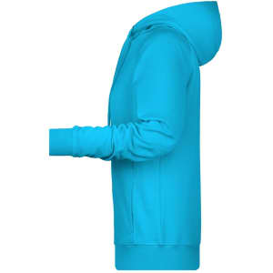 A turquoise ladies hoodie with a hood and long sleeves, featuring a logo on the front.
