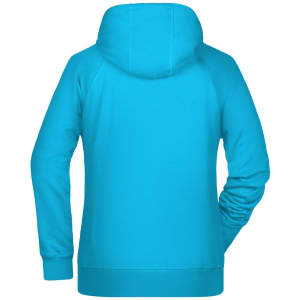 A vibrant turquoise ladies hoodie featuring a back view and a hood, ideal for casual wear.