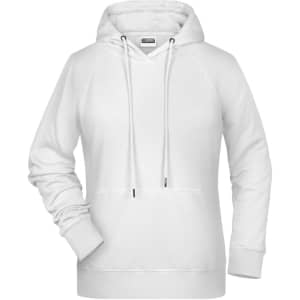 A white ladies hoodie featuring a drawstring hood and kangaroo pocket. It has a logo on the front.