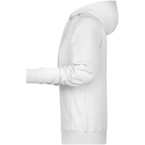 A white ladies hoodie featuring a front zip and a hood, with a logo on the chest.