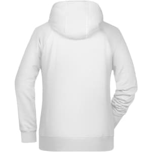A white ladies hoodie featuring a hood and long sleeves, with a plain back design.