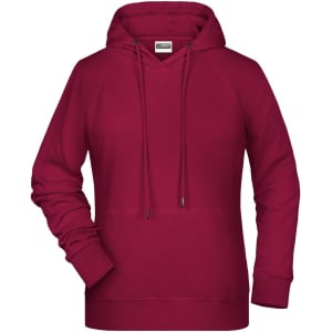 A burgundy hoodie with a drawstring hood, featuring a logo and a relaxed fit.