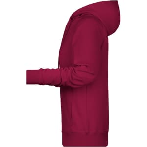 A maroon ladies hoodie featuring a hood and long sleeves. It has a logo on the front.