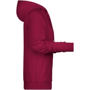 A maroon ladies hoodie displayed from the side, featuring a hood and long sleeves. It has a plain design.