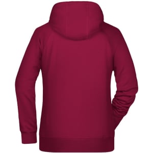A maroon ladies hoodie with a hood and long sleeves, featuring a logo on the back.