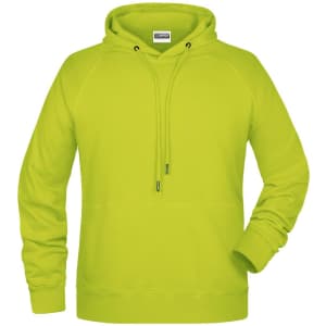 A bright yellow men's hoodie with a front pouch pocket and adjustable drawstring hood, featuring a logo.