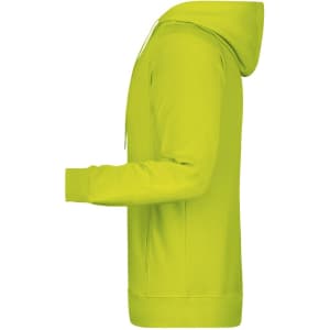 A men's hoodie in a vibrant lime green colour, featuring a hood and long sleeves. It has a logo on it.