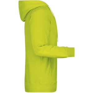 A bright lime green men's hoodie with a front pocket and a hood, featuring a logo on the front.