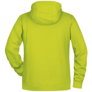 A bright yellow men's hoodie with a spacious hood and long sleeves, featuring a plain back.