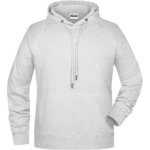 A light grey men's hoodie featuring a front kangaroo pocket and a drawstring hood. Includes a logo on the label.