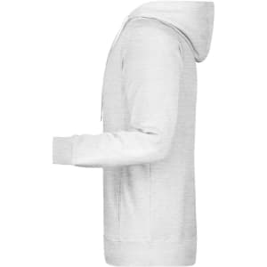A grey men's hoodie featuring a kangaroo pocket and a hood, shown from the side. It has a branding logo.