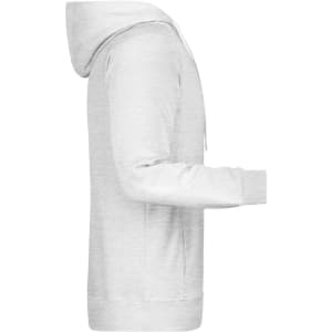 A light grey men's hoodie featuring a hood and long sleeves, displayed from the side. It has a logo on the garment.