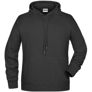 A black men's hoodie with a front kangaroo pocket and drawstring hood. It has a logo.