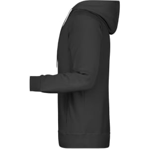 A black men's hoodie with a side view, featuring a hood and long sleeves. It has a logo on the front.