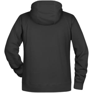 A black men's hoodie featuring a spacious hood and a comfortable design. It has a logo on the back.