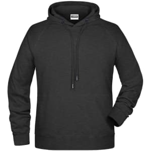 A men's hoodie in dark grey with a drawstring hood and a logo on the label.