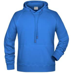 A blue men's hoodie with a front pocket and a drawstring hood. It features raglan sleeves and has a logo.