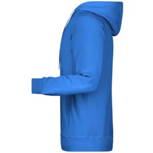 A blue men's hoodie with a kangaroo pocket and a hood, featuring a logo. Side view displayed.