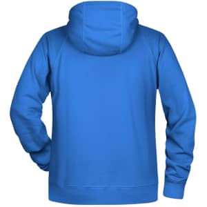 A blue men's hoodie with a kangaroo pocket and a hood, displayed from the back view.