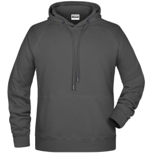 A grey men's hoodie with a hood, drawstring, and long sleeves, featuring a logo.