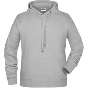 A grey men's hoodie featuring a front pocket and drawstring hood, with a simple design and no visible logos.