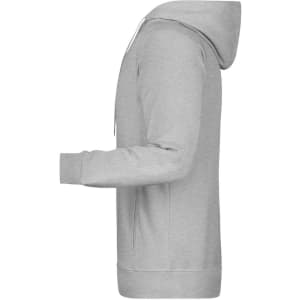 A grey men's hoodie with a kangaroo pocket and a drawstring hood, featuring a logo on the front.