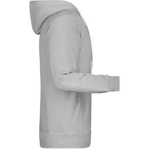 A grey men's hoodie displayed from the side, featuring a hood and long sleeves. It includes a logo.