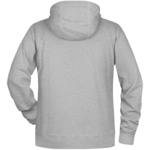 A grey men's hoodie with a hood and raglan sleeves, featuring a branding logo on the back.