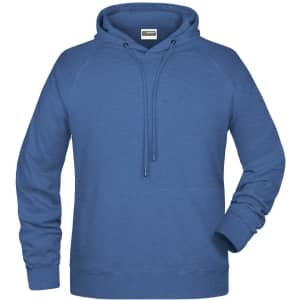 A blue men's hoodie with a front pocket and drawstring hood, featuring a logo on the label.