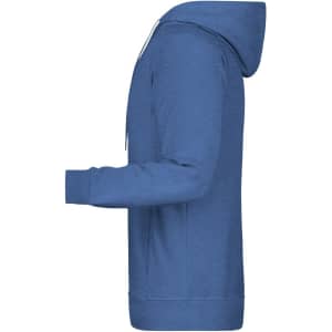 A blue men's hoodie featuring a front pocket and a hood, with a branded logo.